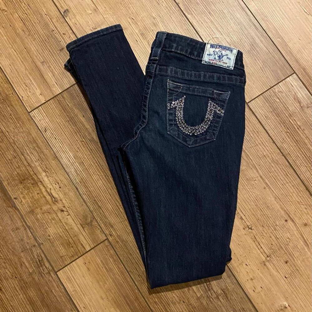 TRUE RELIGION Sz 27 Embellished Pockets LOGO SKINNY LOW RISE STRETCH JEANS RARE!